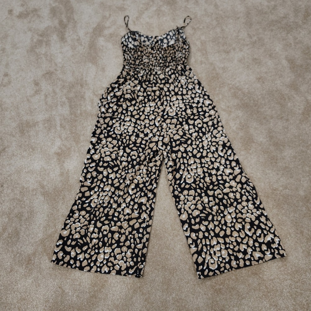 Evolutionary Leopard Print Wide Leg Jumpsuit Womens Medium Smocked Back Chic - Picture 5 of 8